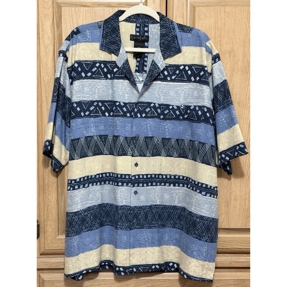 Cotton Reel 100% Silk Shirt Men's Size L Short Sleeve Button Down Geometric